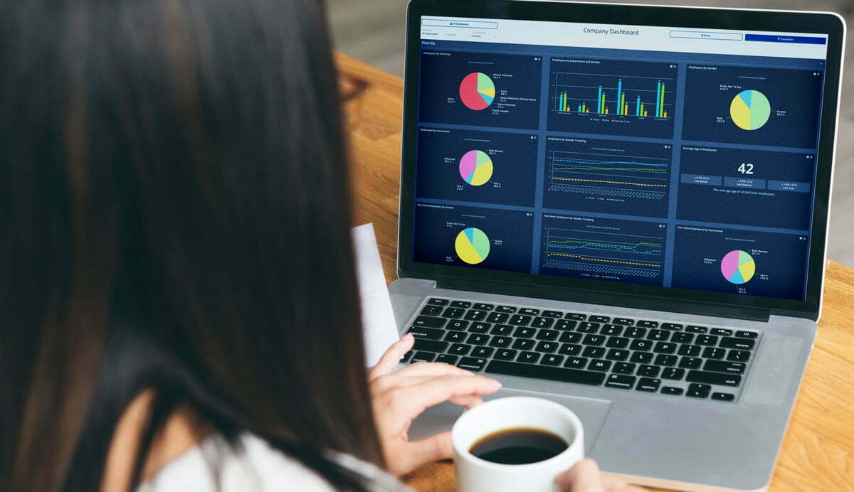 Employee Cycle HR analytics dashboard with professional drinking coffee and analyzing DEI data