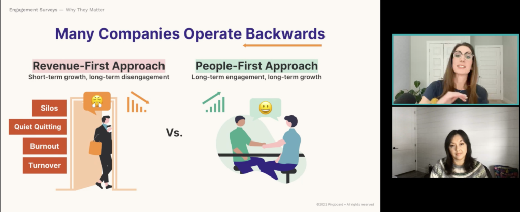 Many companies operate backwards - employee engagement webinar screenshot with Christie and Pingboard