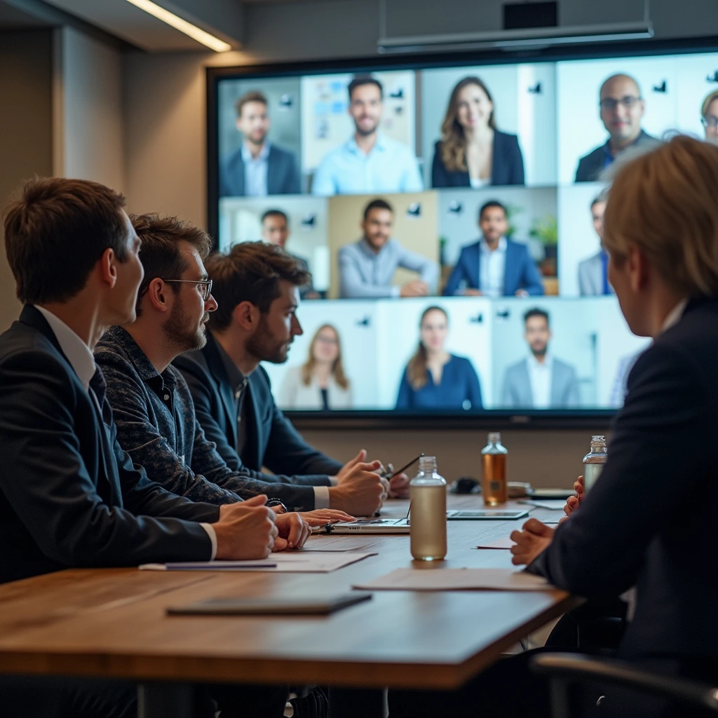 AI Roundtable showing attendees at a business conference with TV screen showing webinar with HR